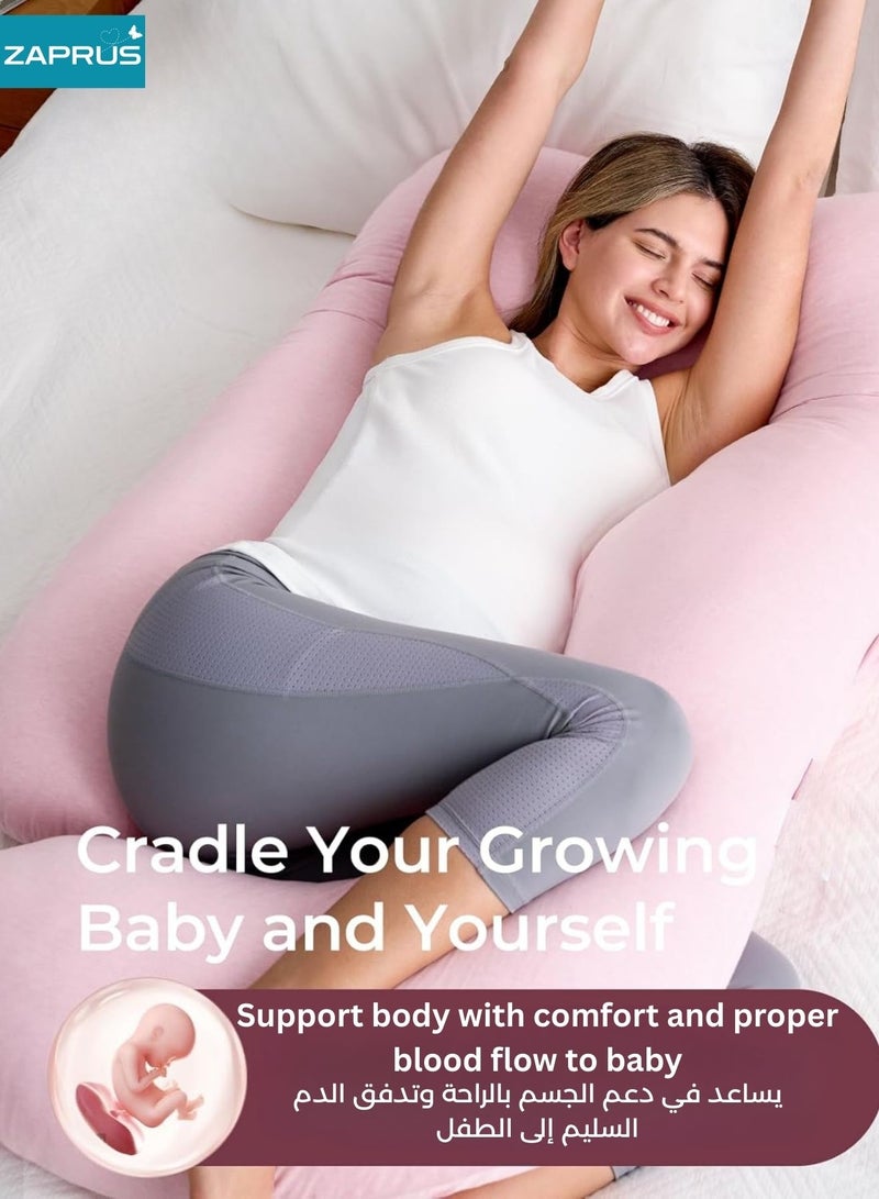 Zaprus Pregnancy Pillow J-Shape 100% Cotton Fiber –  Full Body Support Maternity Pillow for Sleeping, Back, Hip & Belly Pain Relief, Ergonomic Support for Side & Stomach Sleeping, Comfortable Prenatal Pillow Pink - Image 3